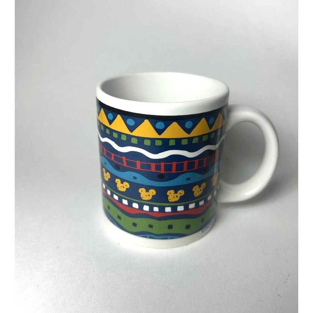 Disney Mickey Mouse Geometric Multi Color Ceramic Coffee Mug Cup Vintage Style